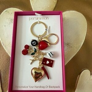 Persimmon Bag Charm or Keychain with 8 Ball, Cherries, Ace Card & Dice